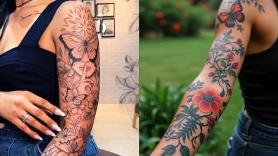 pretty womens sleeve tattoos Two arms featuring floral and butterfly tattoos; one monochrome, the other colorful. Indoors and outdoors background. | Sky Rye Design Two arms featuring floral and butterfly tattoos; one monochrome, the other colorful. Indoors and outdoors background.