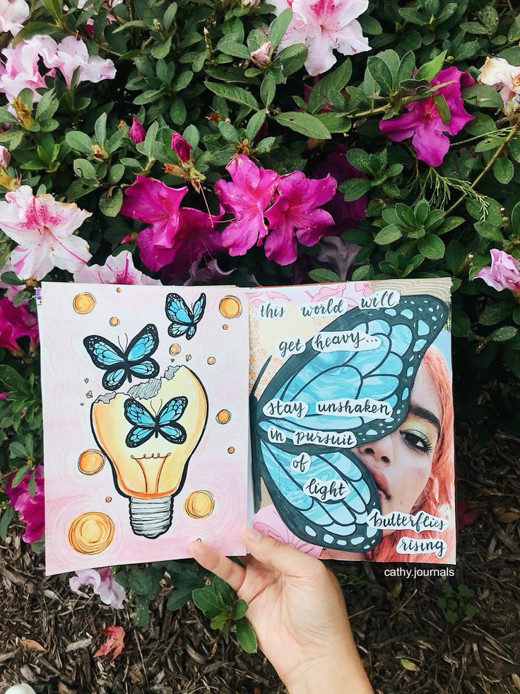 Open journal with butterfly art and inspirational quote, held over vibrant pink and white flowers.