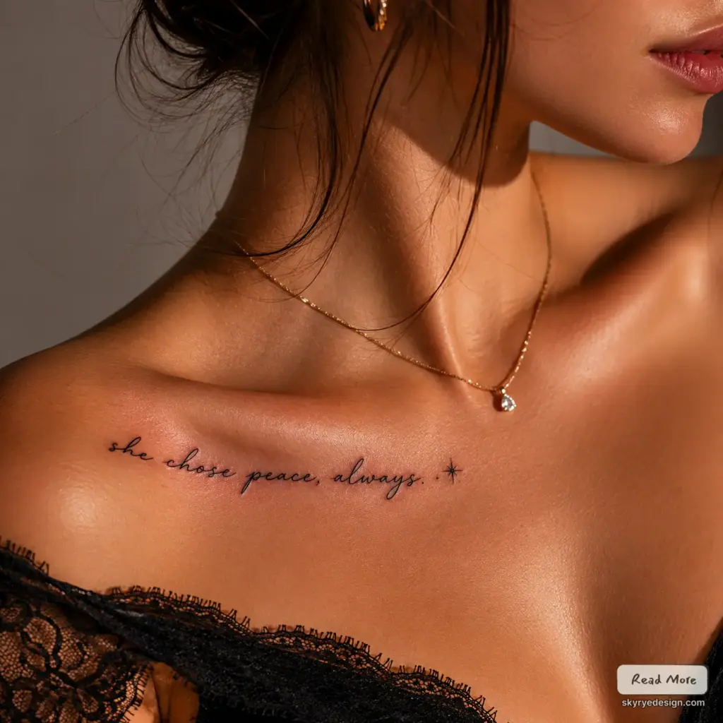 13239254-532b-4eb5-be2b-4369882ec8ce Collarbone tattoo reading 'she chose peace, always' on woman wearing gold pendant necklace and black lace top. | Sky Rye Design Collarbone tattoo reading'she chose peace, always' on woman wearing gold pendant necklace and black lace top.