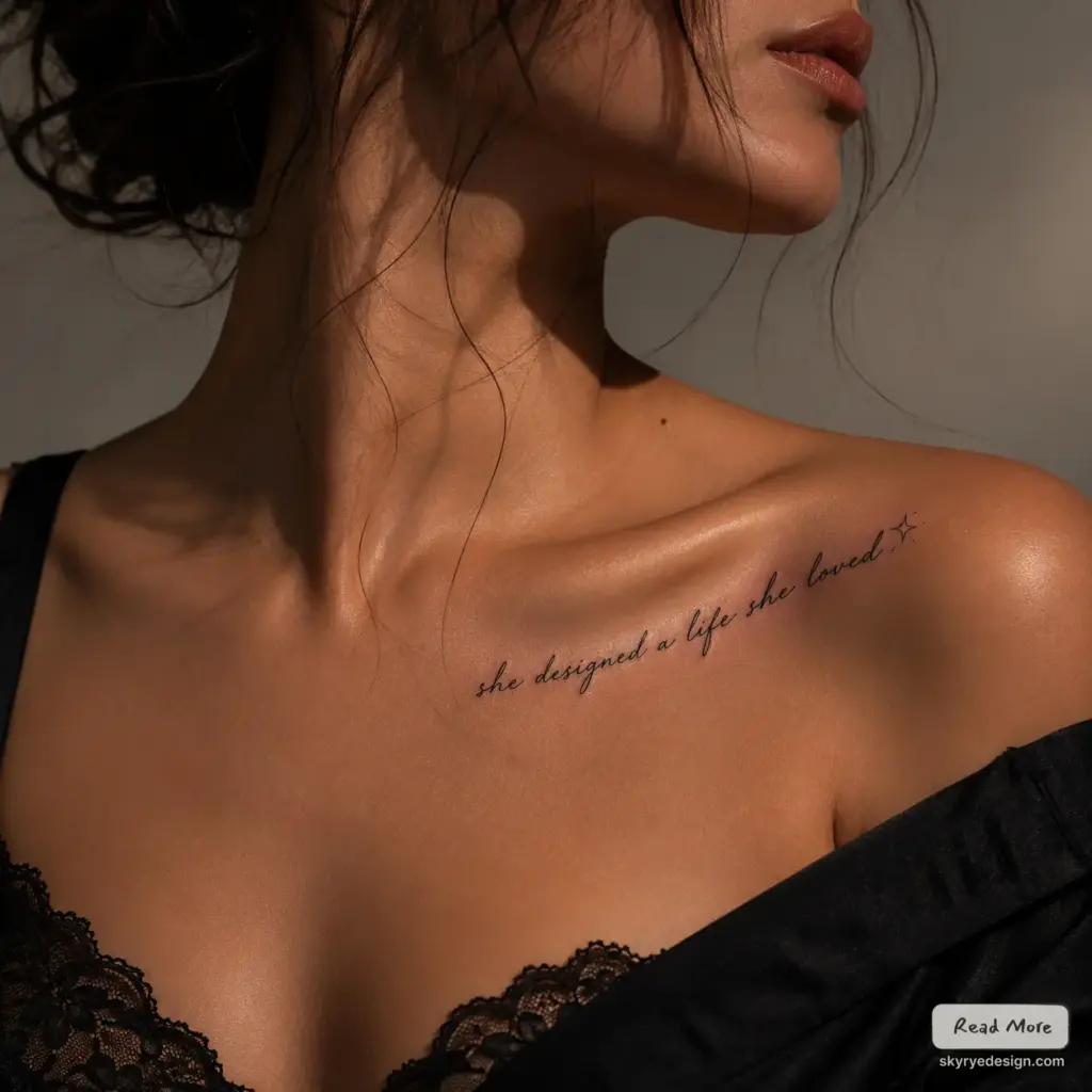bad21744-8624-4190-9651-afaf0353b042 Close-up of woman's collarbone tattoo in cursive reading she designed a life she loved with small star accent | Sky Rye Design Close-up of woman's collarbone tattoo in cursive reading she designed a life she loved with small star accent