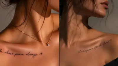 Close-up of woman's collarbone with delicate script tattoos of inspirational quotes and a gold pendant necklace