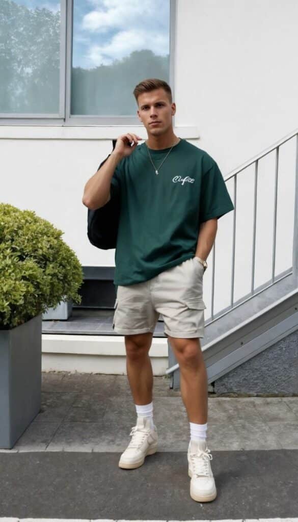 Casual style man in green T-shirt and shorts, carrying a backpack outside a modern building.