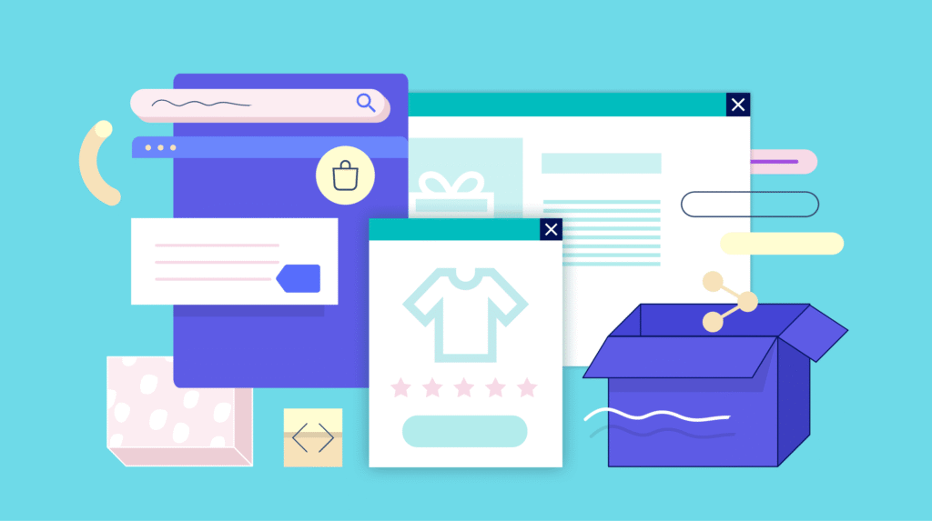 E-commerce webpage elements with icons, blue background, product review, and shopping cart, symbolizing online shopping.