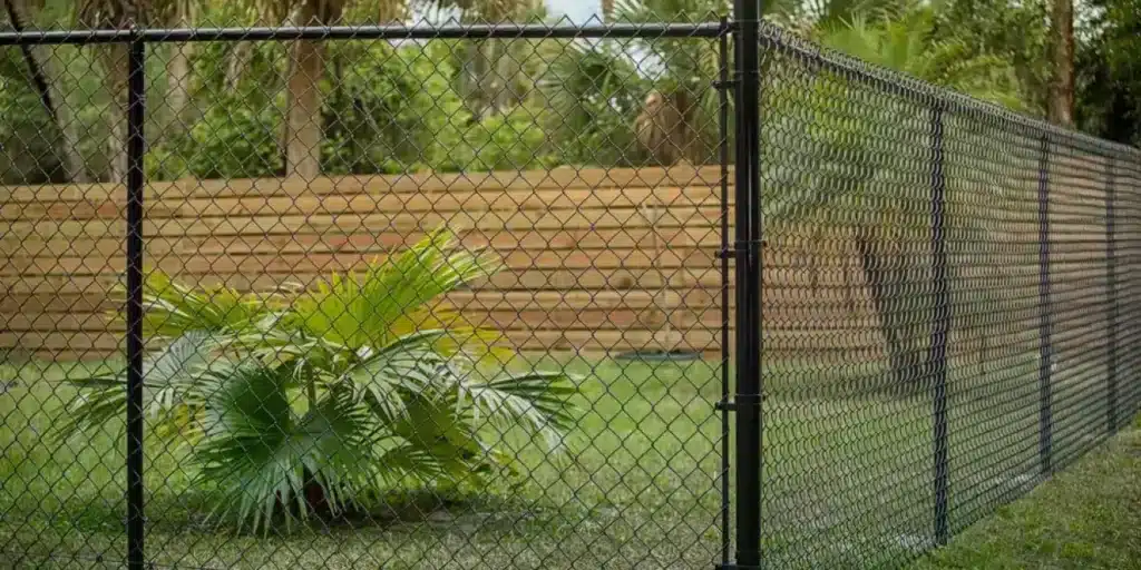 Chain-link fence with lush green plants and wooden privacy wall in a backyard setting.