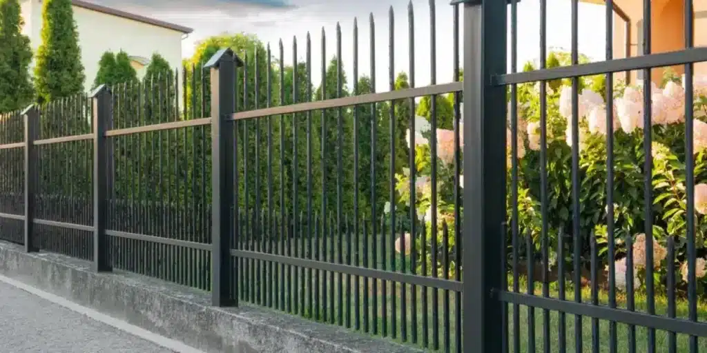 shutterstock_2254708645-1-r1eqqpf30pr1lx5ge6j5fkstr2s8j66kv1cixdcrc4 Black metal fence with vertical bars, surrounded by lush green garden and blooming hydrangeas, under a blue sky. | Sky Rye Design Black metal fence with vertical bars, surrounded by lush green garden and blooming hydrangeas, under a blue sky.