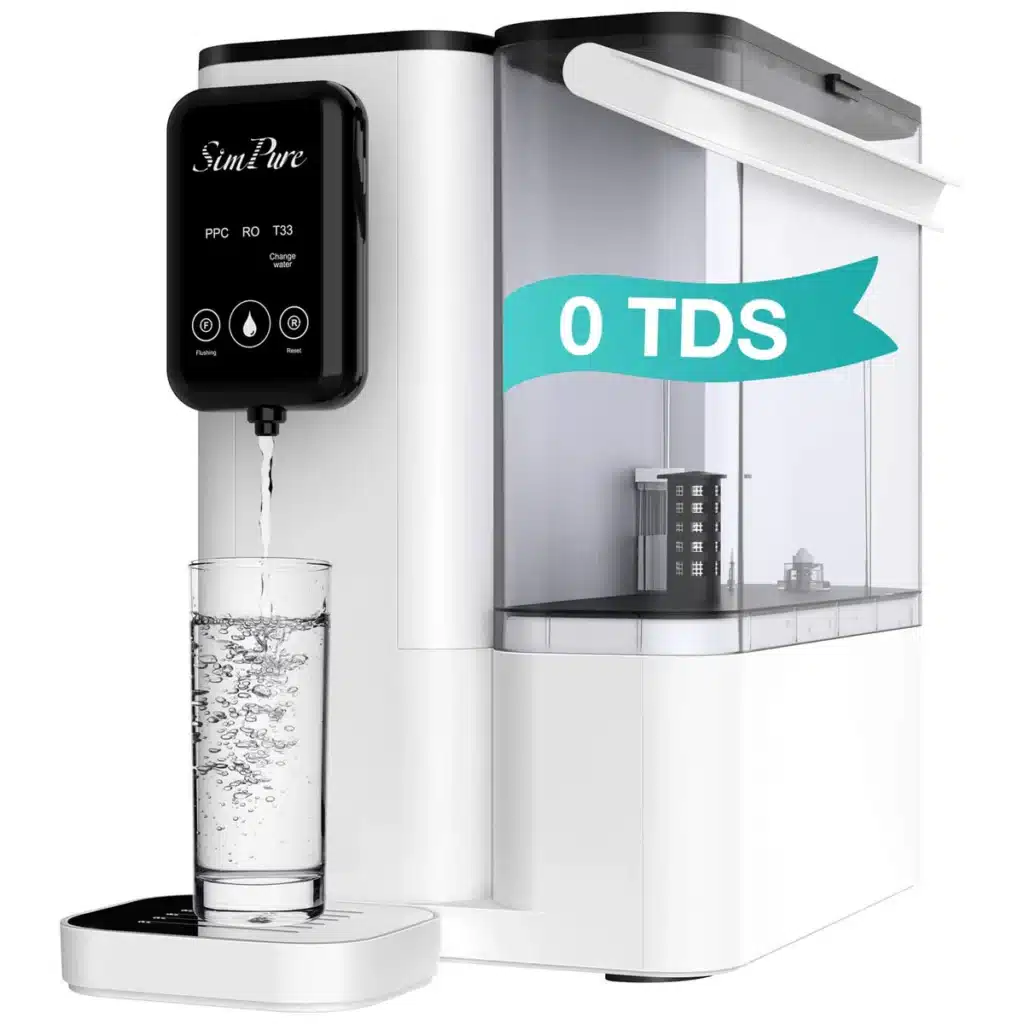 simppure_y9t_ro_system_-epa Modern countertop water purifier dispensing clear water with '0 TDS' indicator, emphasizing purity and advanced filtration. | Sky Rye Design Modern countertop water purifier dispensing clear water with '0 TDS' indicator, emphasizing purity and advanced filtration.