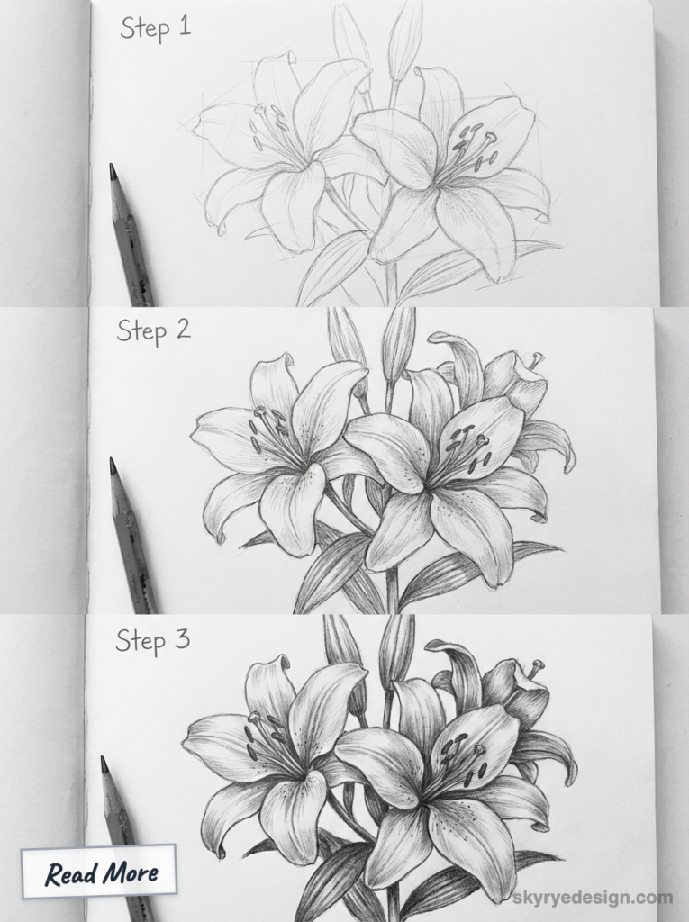 Step-by-step pencil tutorial: realistic lily flower sketch in sketchbook, three stages showing graphite shading and detail.