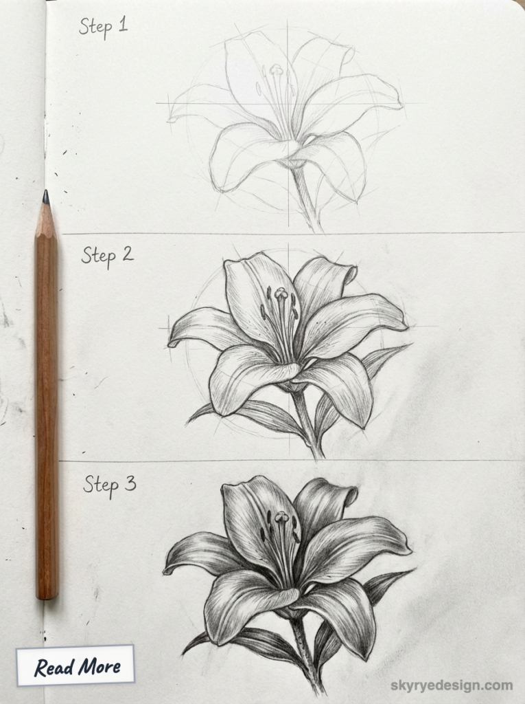 Pencil sketch tutorial: three-step progression showing how to draw and shade a realistic lily on a sketchbook page.