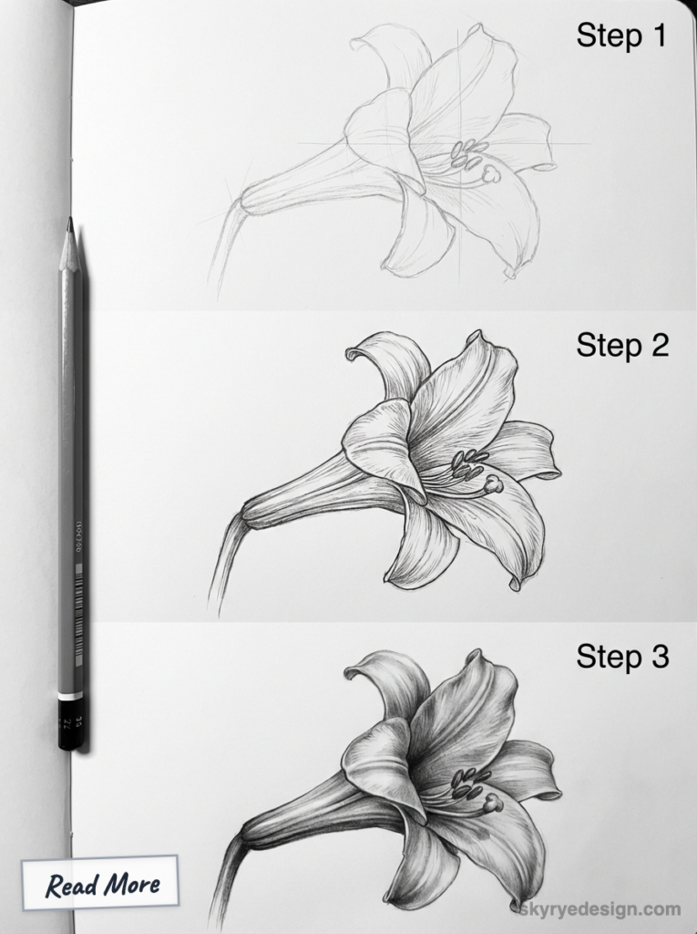 Lily pencil drawing tutorial - step-by-step sketch to refined linework and realistic shaded flower, pencil on sketchbook.