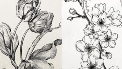 Black and white sketches of a tulip and cherry blossoms, showcasing intricate floral line art.