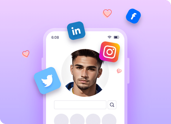 Smartphone screen with a man's profile photo, surrounded by social media icons like Instagram, Twitter, and Facebook.