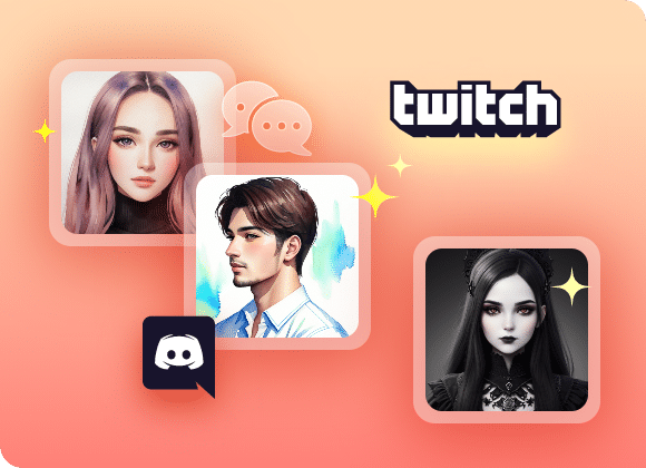 Illustrations of characters chatting with Twitch and Discord icons on a peach background.