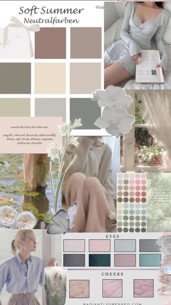 Soft summer neutral color palette collage with fashion, flowers, and makeup ideas for a soothing aesthetic.