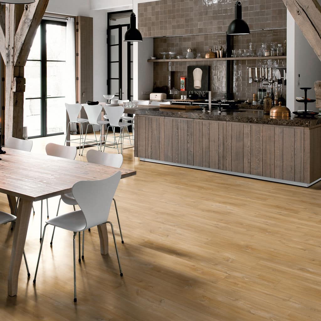 square lr-8 Modern kitchen with wooden flooring, rustic island, and dining area. Bright, spacious, and stylish interior design. | Sky Rye Design Modern kitchen with wooden flooring, rustic island, and dining area. Bright, spacious, and stylish interior design.