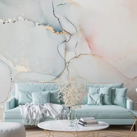 ss1910927587_moc Elegant living room with light blue sofa, abstract marble wall art, and modern round coffee table. | Sky Rye Design Elegant living room with light blue sofa, abstract marble wall art, and modern round coffee table.
