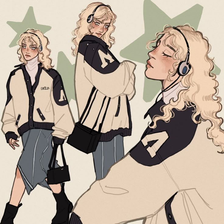 Trendy cartoon character with curly hair in a varsity jacket and headphones, posing stylishly.
