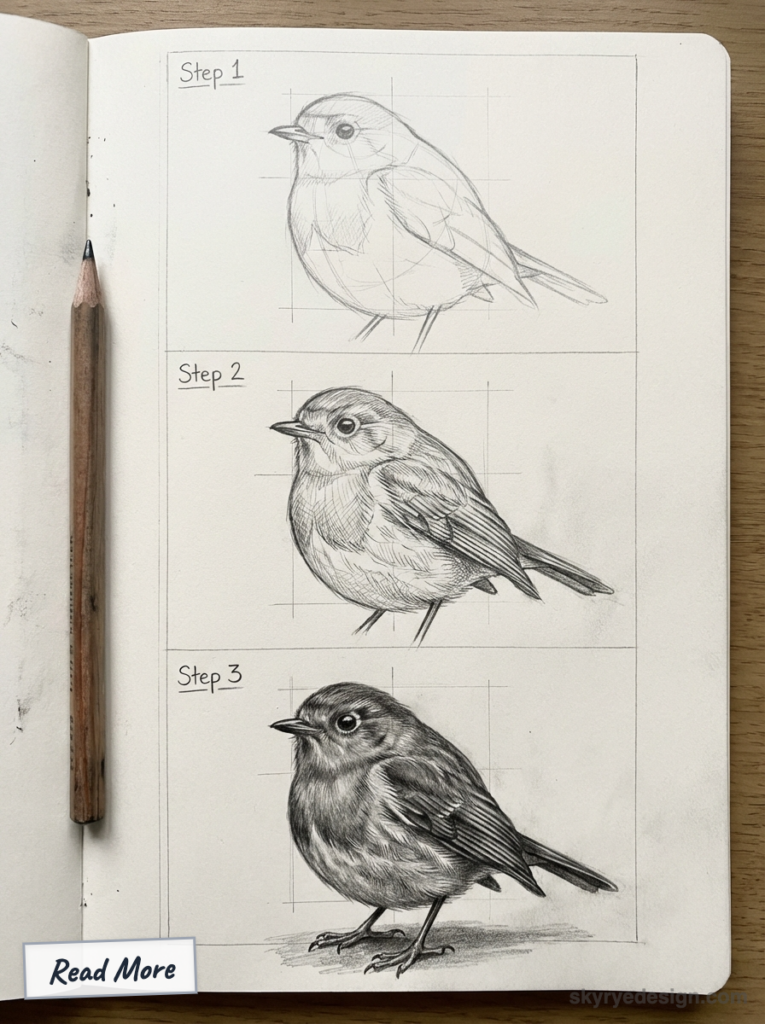 Sketchbook tutorial showing three pencil stages of a small bird, from rough outline to detailed shading.