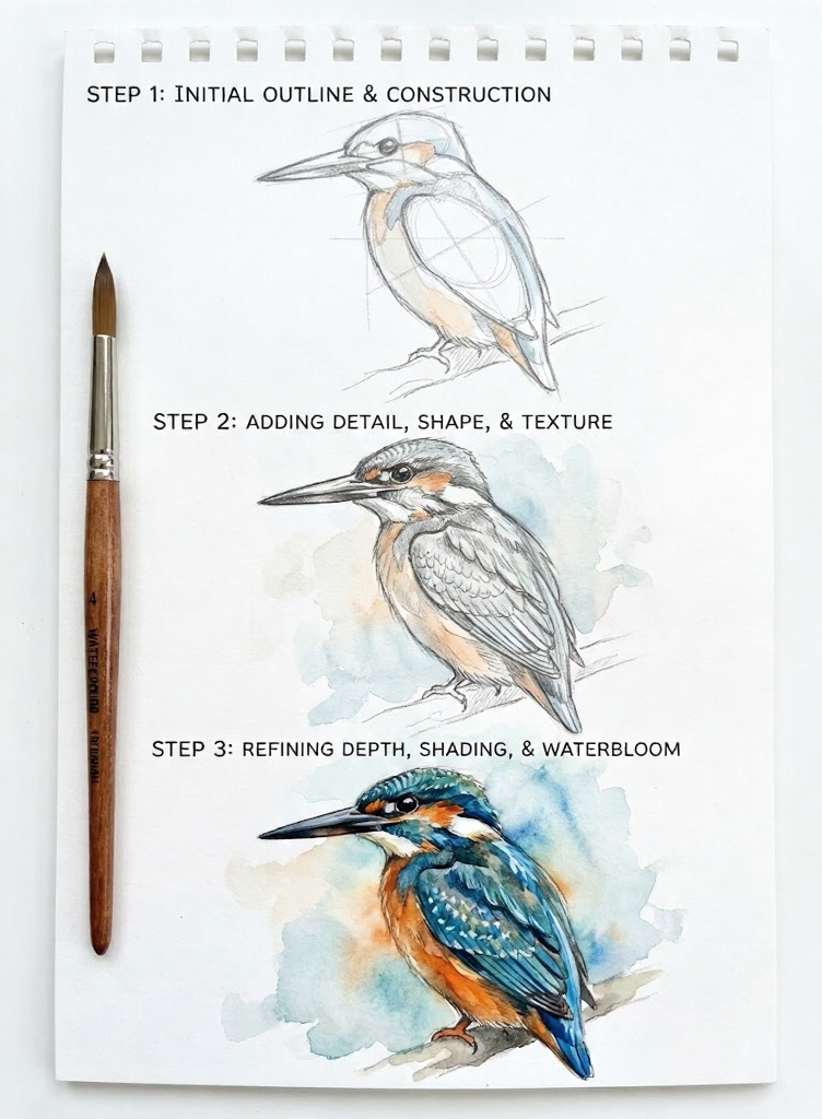Kingfisher watercolor tutorial on sketchbook showing 3 steps: outline, detail, refined color with brush.
