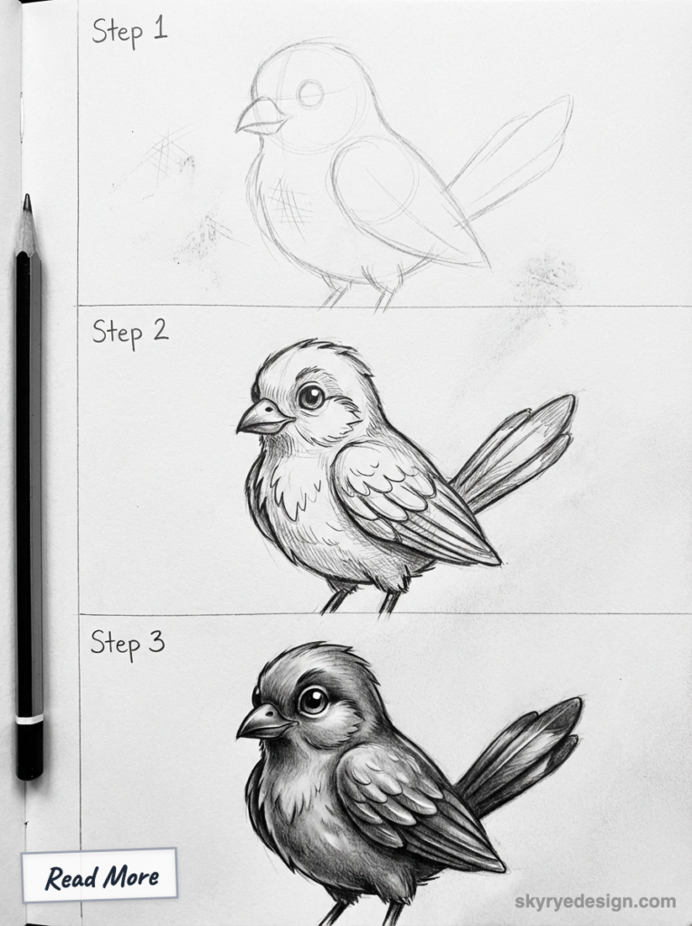 Pencil bird drawing tutorial - step-by-step guide showing three stages from rough sketch to detailed shaded illustration