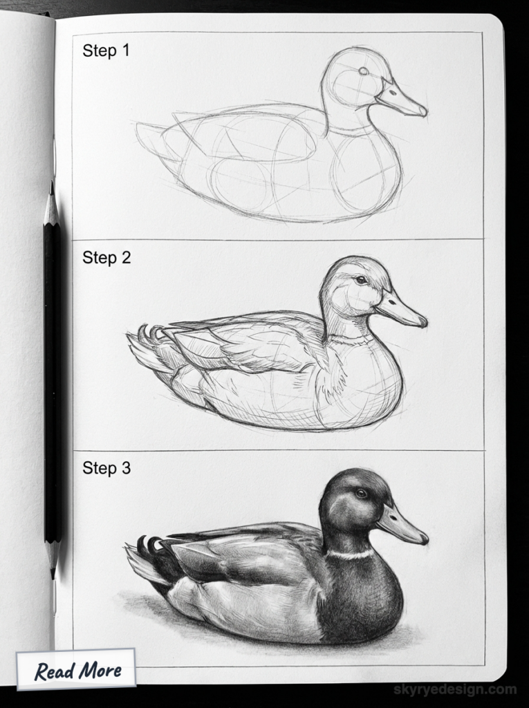 Step-by-step pencil duck drawing tutorial: three stages from rough sketch to detailed shaded rendering