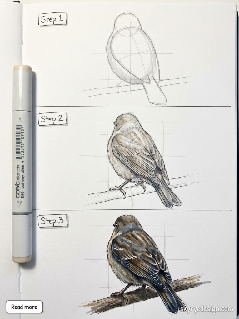 Three-step bird drawing tutorial: sketch, detailed linework, and colored finished bird on branch with Copic marker