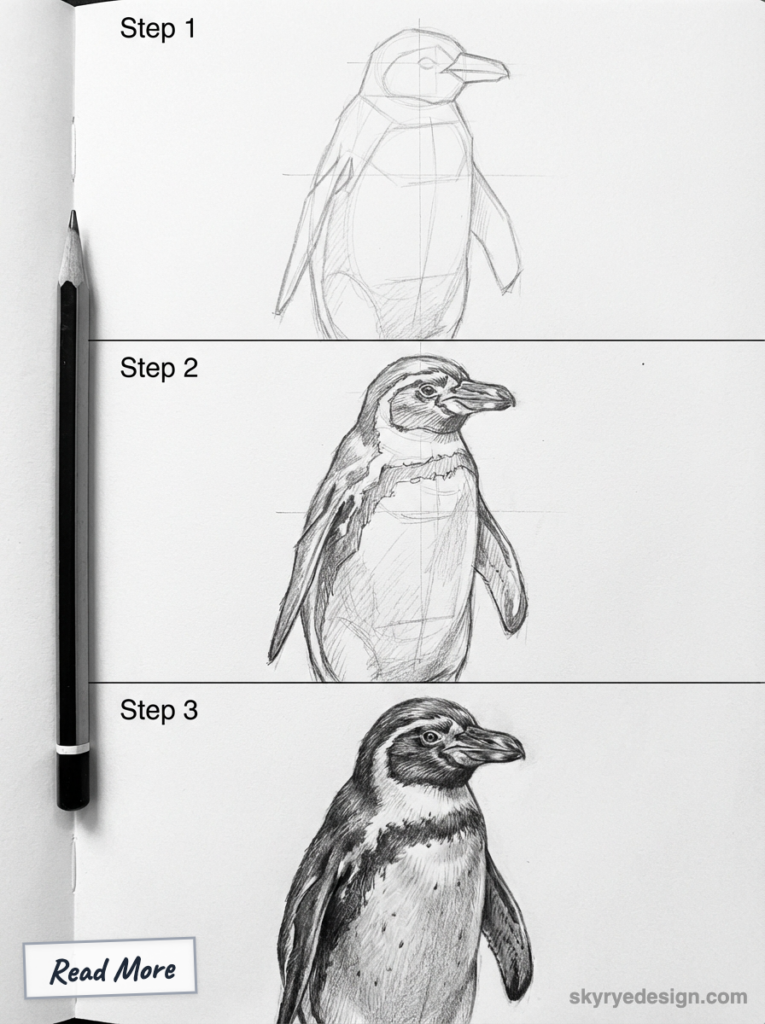 Three-step pencil drawing tutorial showing a penguin progressing from rough sketch to detailed shaded drawing, pencil at left