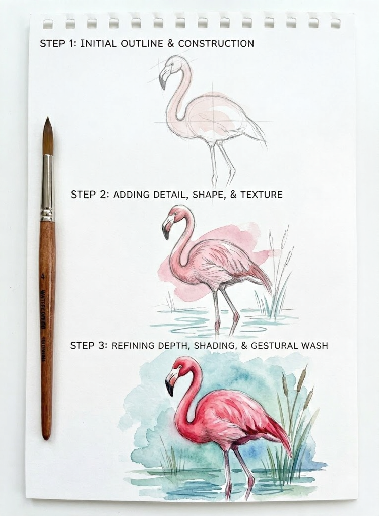 Step-by-step watercolor flamingo tutorial: outline sketch, added detail, and final shaded painting with brush