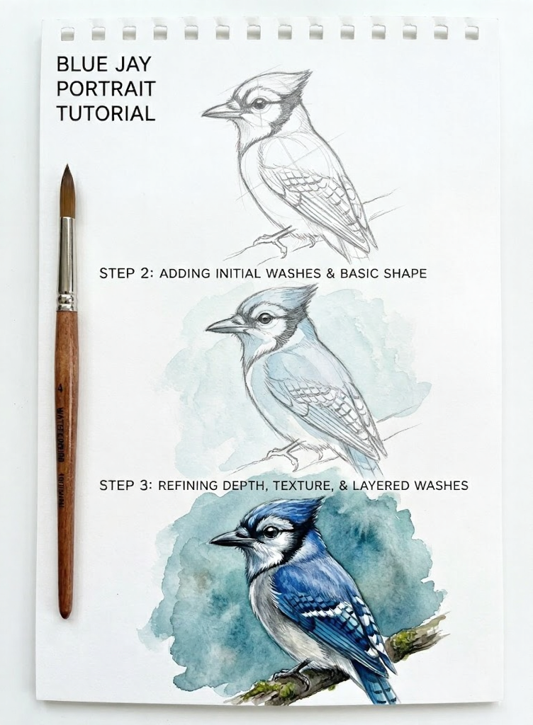 Step-by-step blue jay portrait tutorial: pencil sketch to layered watercolor painting with paintbrush