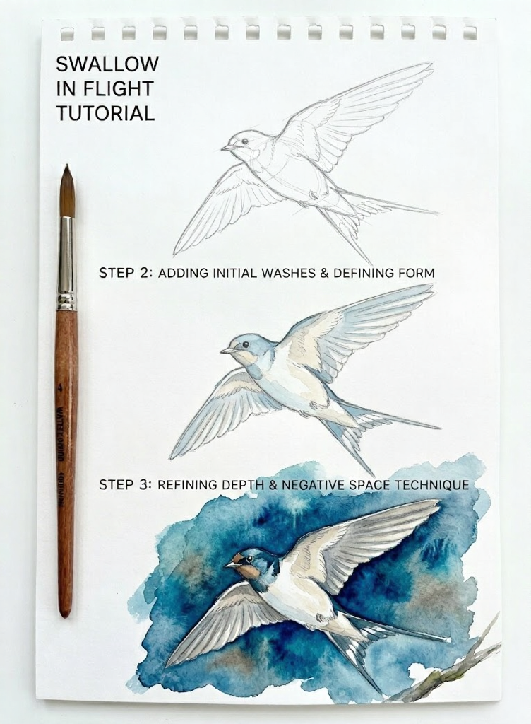 Watercolor tutorial: swallow in flight—pencil sketch, initial washes, refined negative-space painting with brush