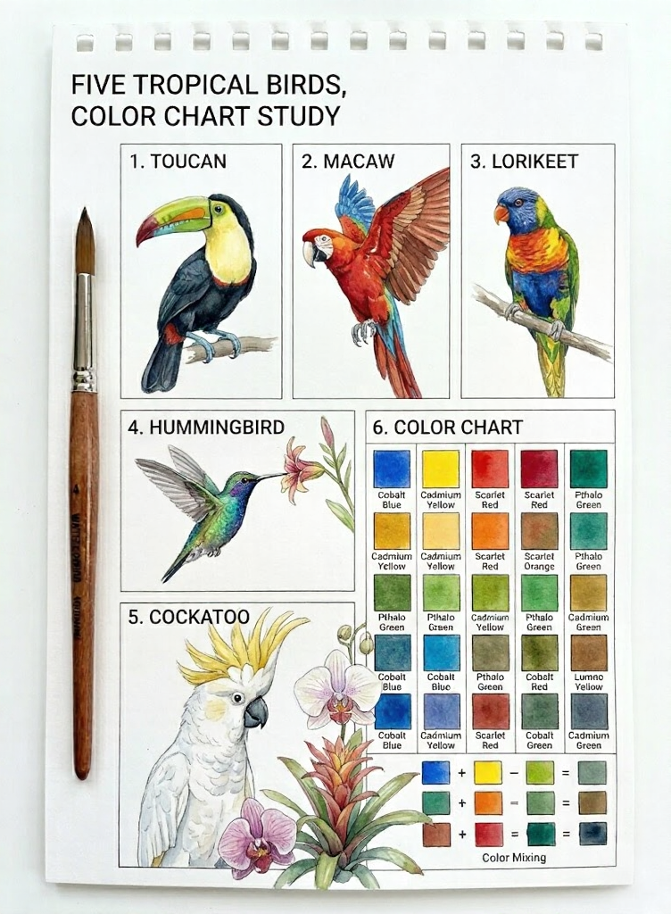 Watercolor sketchbook page: five tropical birds (toucan, macaw, lorikeet, hummingbird, cockatoo) with color chart and brush