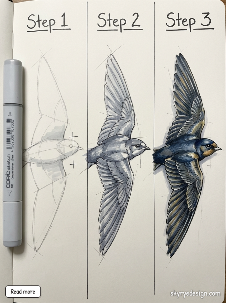 Three-step bird drawing tutorial: pencil sketch to Copic marker colored flying swallow