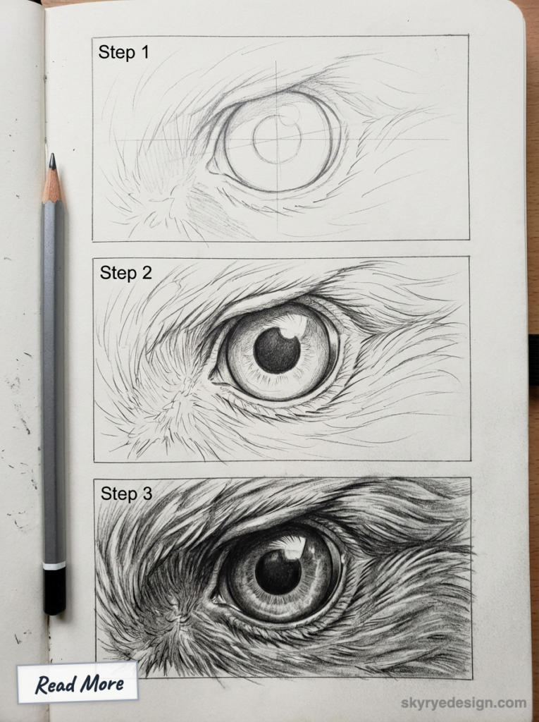 Step-by-step pencil tutorial showing progression to a realistic bird eye sketch in a sketchbook.