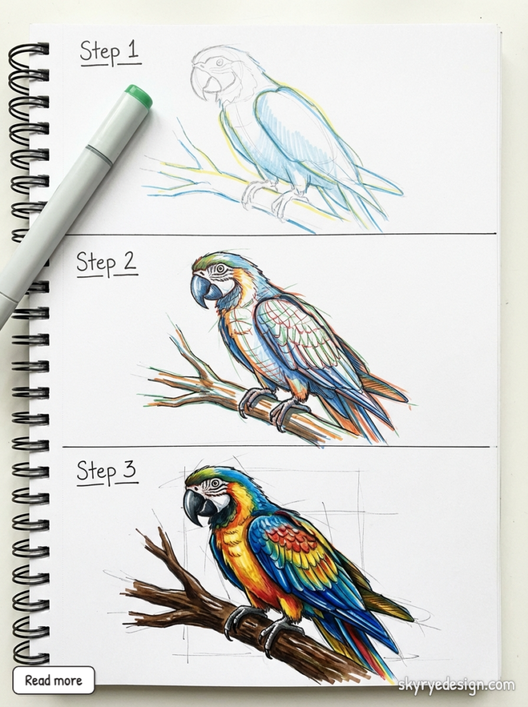 Step-by-step parrot drawing in sketchbook: three stages from rough sketch to detailed colored illustration with marker.