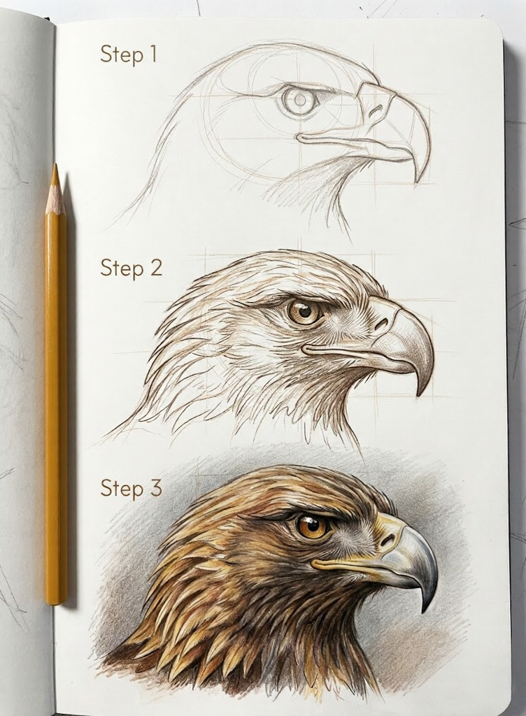 Step-by-step sketchbook tutorial: pencil construction, detailed linework, and colored realistic eagle head portrait.