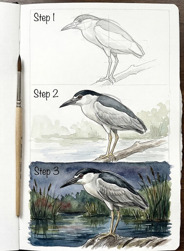 Step-by-step watercolor tutorial: sketch to finished black-crowned night heron painting on sketchbook page with brush