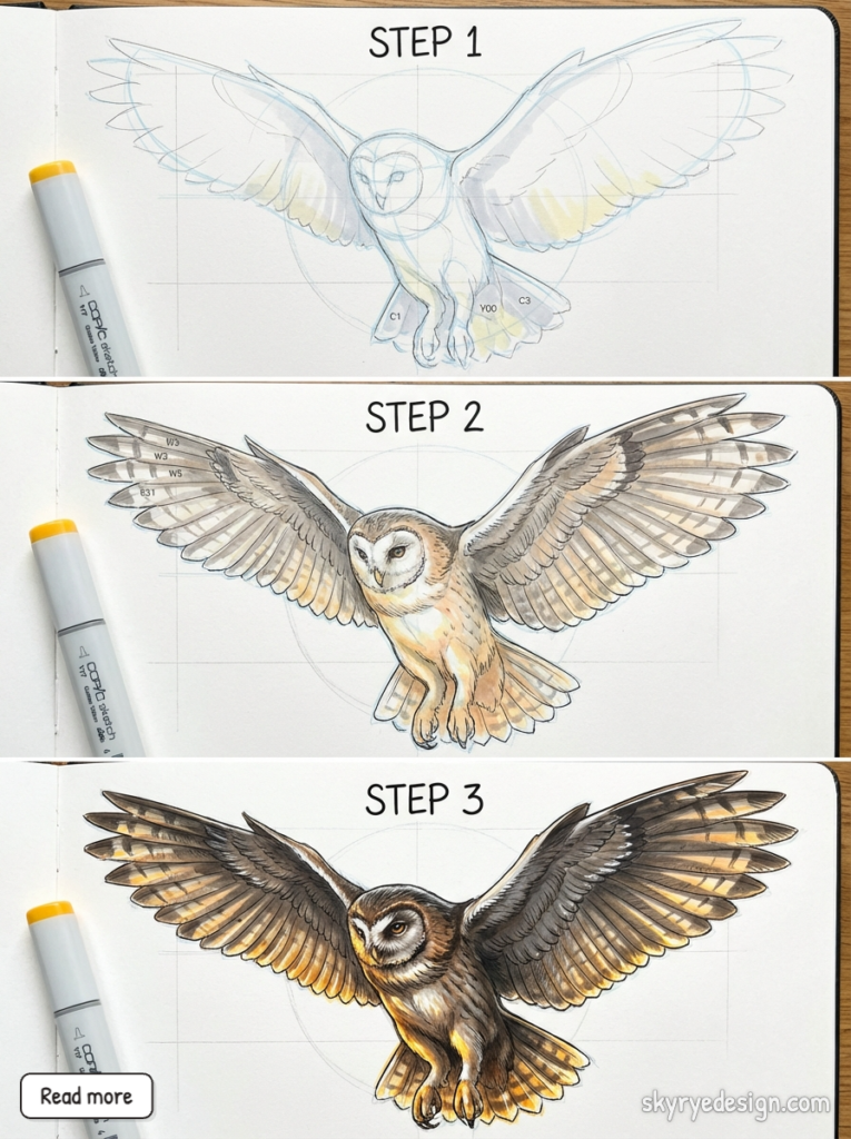 Three-step sketchbook tutorial showing owl drawing stages from rough sketch to detailed Copic marker illustration