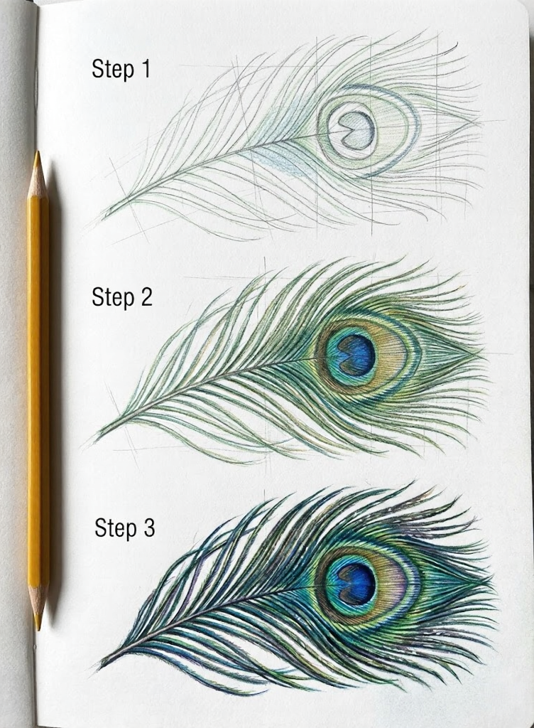 Peacock feather colored-pencil drawing tutorial in sketchbook showing three step stages with pencil beside