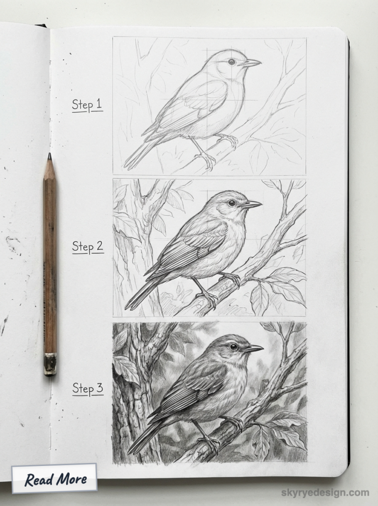 Sketchbook page showing step-by-step pencil drawing tutorial of a small songbird in three stages with a wooden pencil