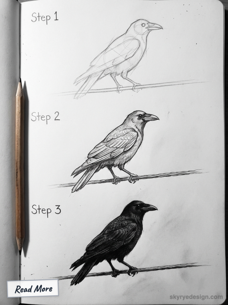 Pencil drawing tutorial: step-by-step crow on a wire — step 1 sketch, step 2 refined lines, step 3 shaded crow