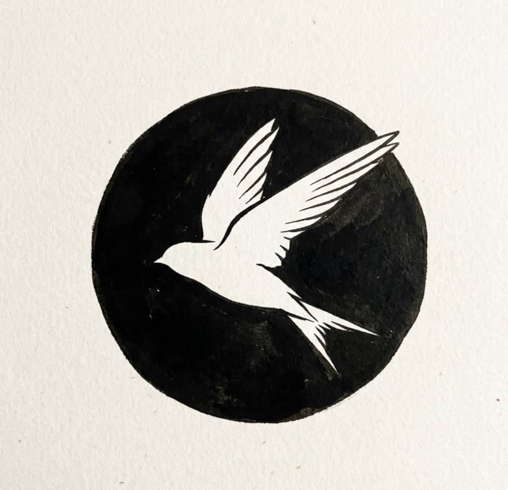 Minimalist swallow logo: white bird silhouette flying inside a black circle ink illustration on textured paper