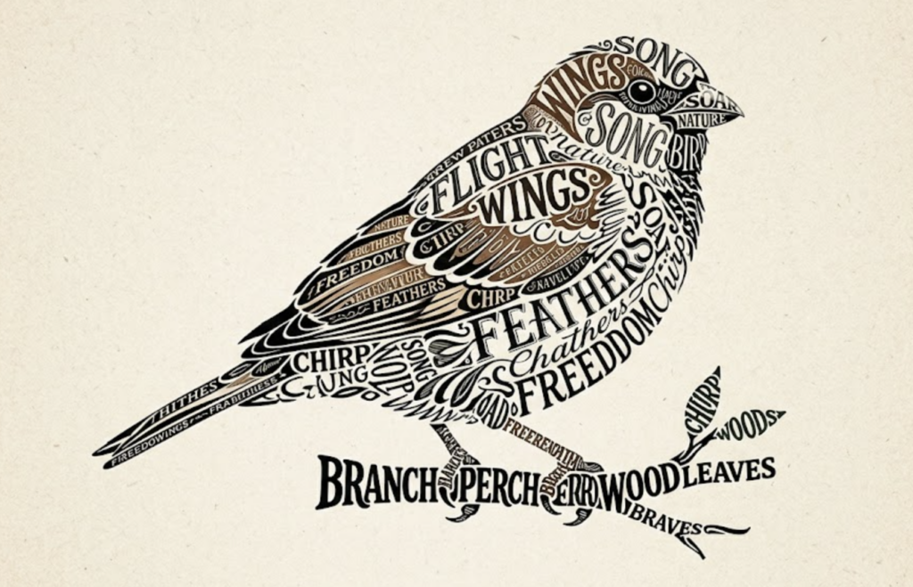 Word-art bird: typographic illustration of a songbird made from words like flight, wings, feathers on cream background