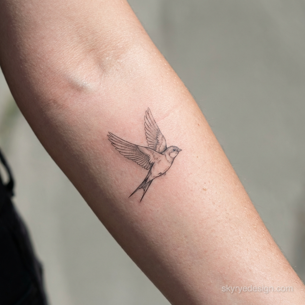 Minimal fine-line swallow tattoo on inner forearm, small black ink bird design for minimalist tattoo inspiration