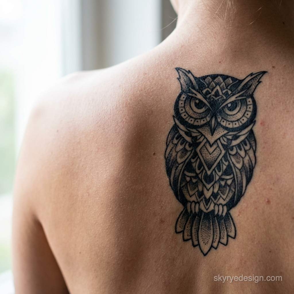 Owl tattoo: detailed black-ink geometric design on upper back near shoulder, ornamental dotwork