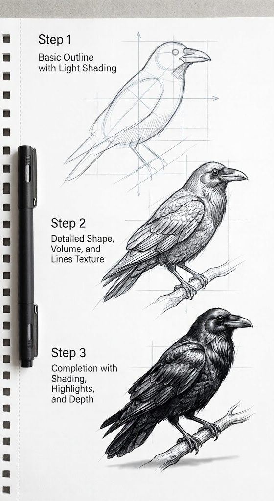 Crow drawing tutorial: step 1 outline, step 2 detailed linework, step 3 shaded realistic crow on sketchbook
