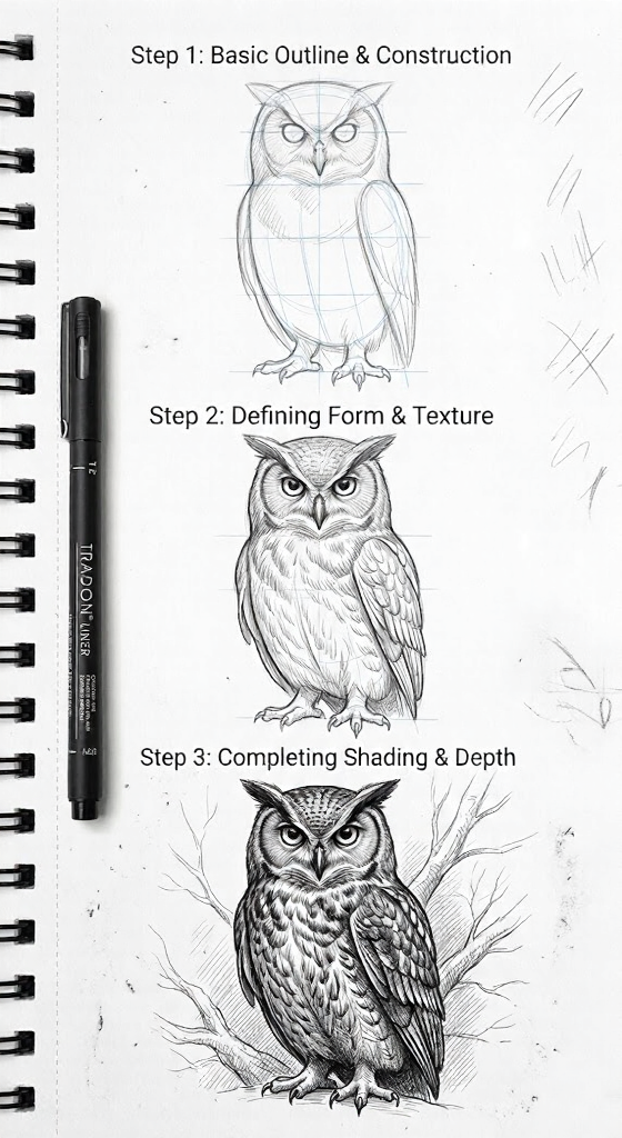 Step-by-step owl drawing tutorial in a sketchbook showing outline, form, and final shaded ink illustration