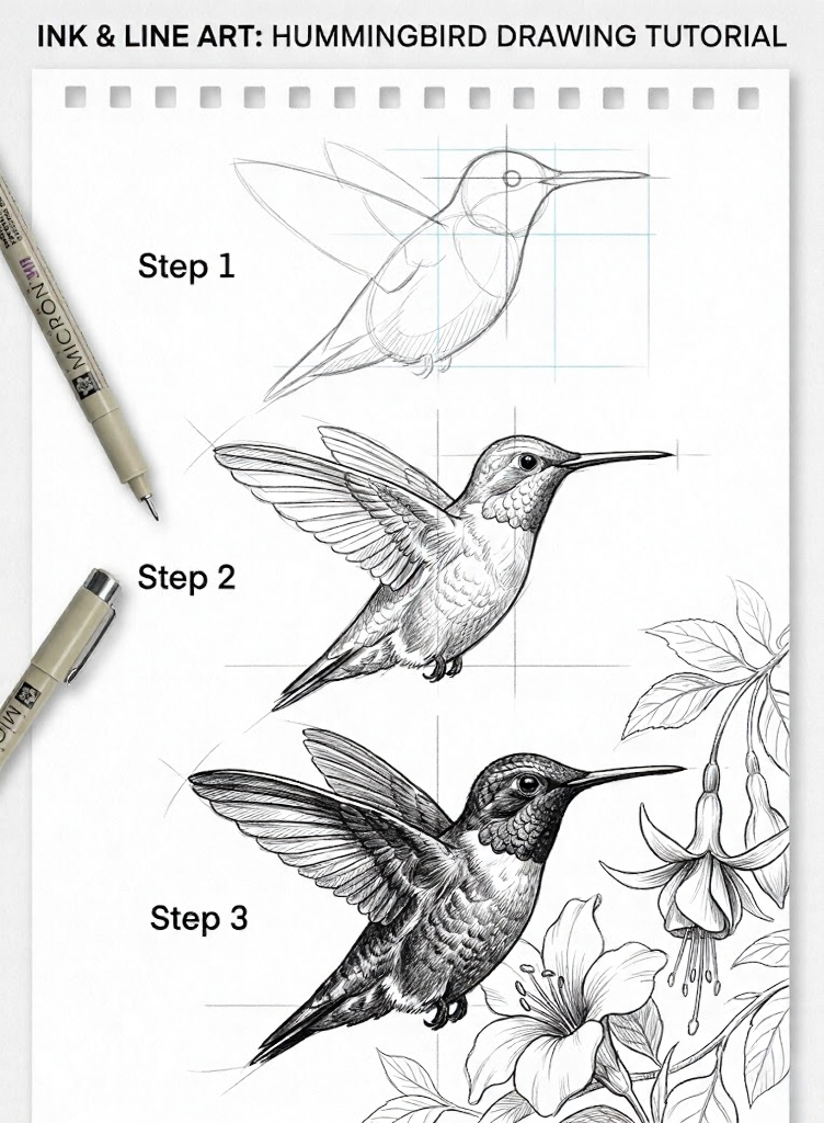Ink line-art hummingbird tutorial: step 1 sketch, step 2 refined lines, step 3 final inked hummingbird with flowers