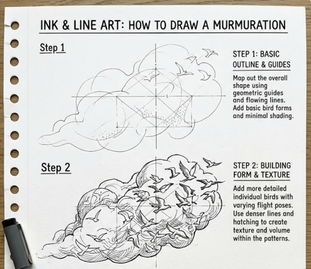 How to draw murmuration ink & line art tutorial page showing step 1 and 2 sketches of a bird cloud with guides