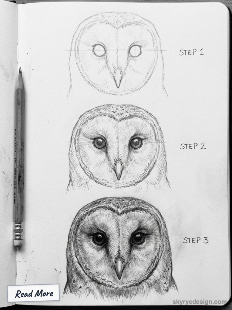 Barn owl pencil drawing tutorial, step-by-step sketch progression in sketchbook with pencil.