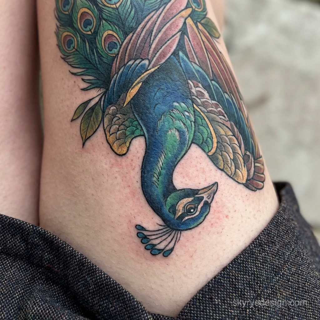 Vibrant blue-green peacock tattoo with detailed feathers on thigh, colorful traditional-style design