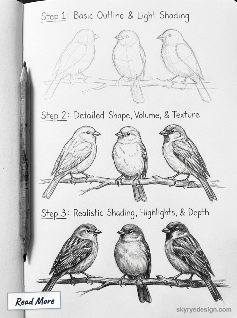 Step-by-step pencil bird sketch tutorial: basic outline, detailed shape, then realistic shading on three perched birds.